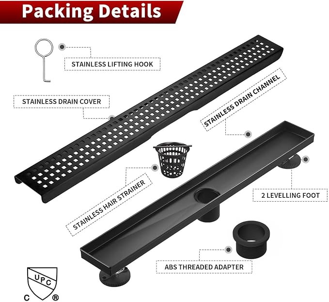 Sharp-tec Shower Drain, 32 inch Linear Shower Drain, Matte Black 304 Stainless Steel Rectangular Shower Floor Drain with Adjustable Leveling Feet, Hair Strainer, cUPC Certified, ST-112-32B
