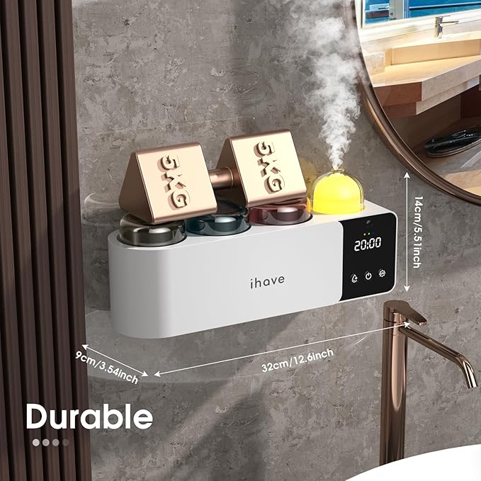 iHave Toothbrush Holders Wall Mounted with Toothbrush Sanitizer & Aromatherapy Diffuser | Auto-Cycle Disinfection, Heated Fan Drying, USB Rechargeable, IR Night Light, LED - 3 Cups Bathroom Organizer