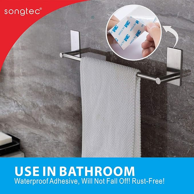 Adhesive Towel Bar 9-inch, Stick On Bath Towel Rack, Hand Towel Holders, No Drilling on Wall - Brushed Nickle