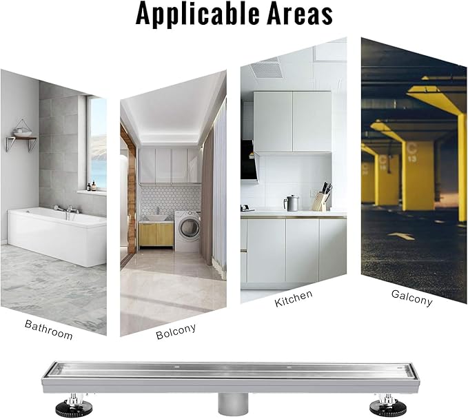 SaniteModar Linear Shower Drain, Shower Drain 30 inch with Flat and Tile Insert 2 in 1 Panel, Brushed 304 Stainless Steel Linear Drain, with Hair Strainer and Leveling feet