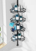 ZUNTO Tension Pole Shower Caddy Corner for Bathroom, Adjustable 25in-114in Floor to Ceiling, Standing Shower Tension Rod Organizer, 4 Tier Storage Shelves with Hooks, Black
