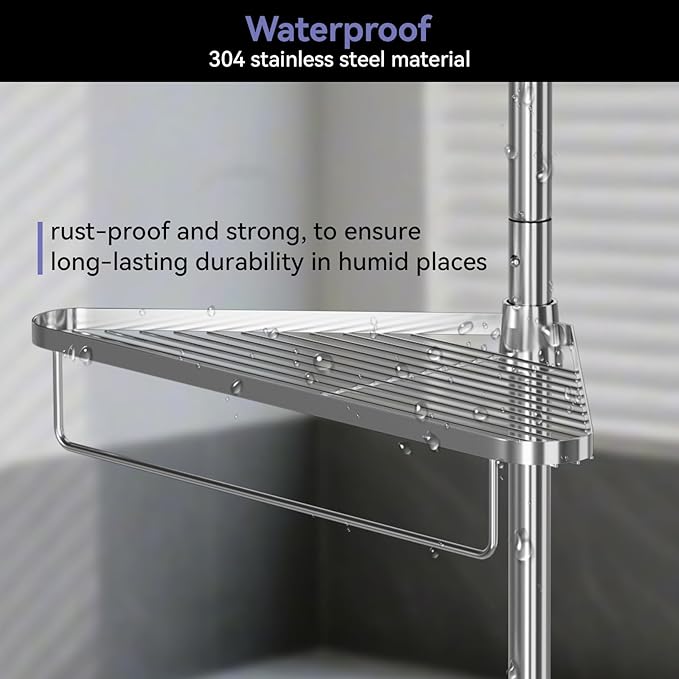 Corner Shower Caddy Tension Pole 59-110 in 4 Tier Rustproof Floor to Ceiling Shower Caddy - Stainless Steel Corner Caddy Shelf for Bathroom Bathtub, Shelves Tension Pole with 3 Towel Bars and 3 Hooks