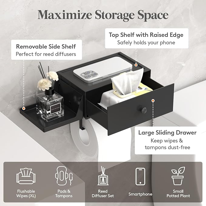Lifewit Toilet Paper Holder with Shelf and Drawer, Screw or Adhesive Wall Mount Tissue Roll Storage, Dustproof & Flushable Bathroom Wipes Dispenser Organizer, Black, 1 Pack