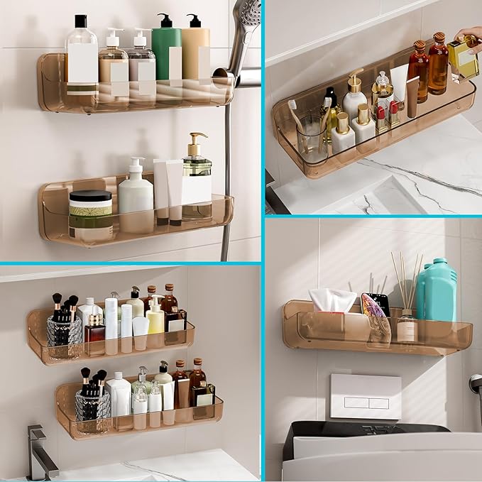 CGBE 2-Pack Acrylic Shower Shelves, Large Capacity Adhesive Shower Shelf, No Drilling Adhesive Bathroom Shelf with Drain Holes,Clear Wall Mount Organizer for Bathroom Storage (Amber)