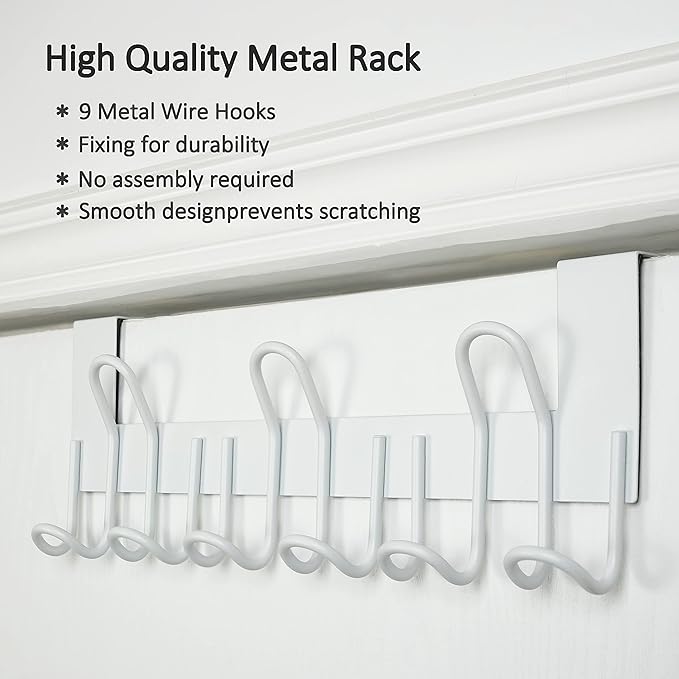 SKOLOO Over The Door Hooks - for Doors up to 1-3/4'' Thickness, Pack of 2, Metal Door Hanger with 9 Hooks, Over The Door Hanger for Coats, Hats, Towels, White