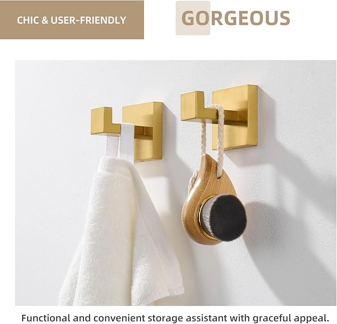 Angle Simple Towel Hook Brassy Gold 2 Pack, 304 Stainless Steel Square Robe Hook for Bathroom