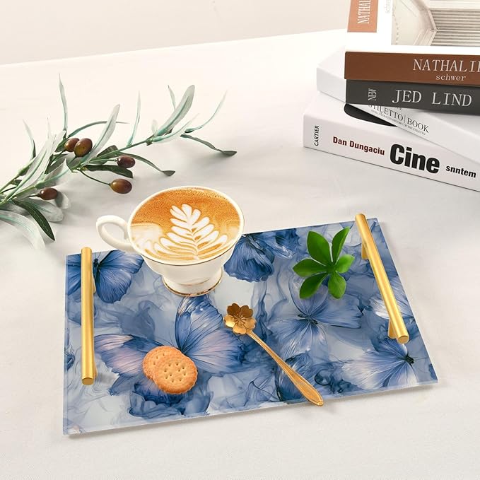Blue Marble Butterfly Tie Dye Vanity Tray Acrylic Bathroom Countertop Tray Marbling Decorative for Kitchen Desk Organizer Makeup Storage Tray