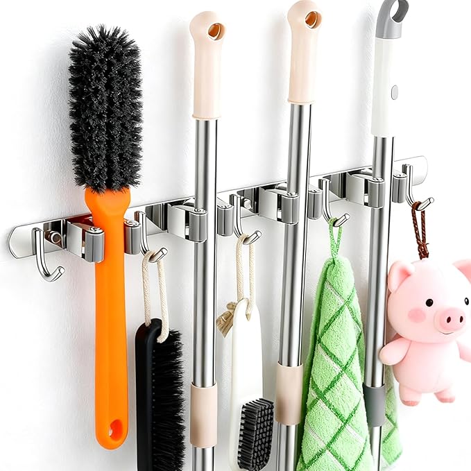 Broom Holder Wall Mount, Stainless Steel Mop and Broom Organizer, Heavy Duty Storage Rack with 4 Racks 5 Hooks for Garage Kitchen Laundry Room Garden Bathroom(Gray)