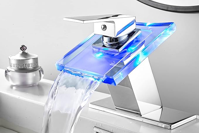 Bathroom Sink Faucet Waterfall Glass Spout LED Light 3 Colors Changing Hot and Cold Water Mixer Single Handle One Hole Deck Mounted Bathroom Faucet Lavatory Vanity Basin Tap Chrome