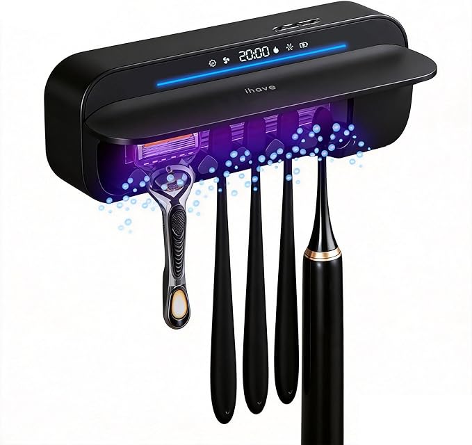 iHave Toothbrush Sanitizer Holder with 360° Disinfection, Mold & Odor Removal | Auto-Cycle UVC, 100M Ions & Fan Drying | Wall Mounted 5-Slot Toothbrush Holders for Bathrooms,Toothbrushes & Razor