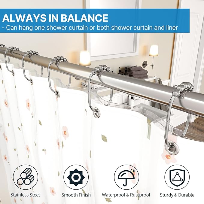 12PCS Wide Shower Curtain Hooks, Rust Proof Stainless Steel Shower Curtain Rings, Heavy Duty Shower Hooks for Bathroom Shower Rods Curtains, Easy Glide Rollers, Set of 12, Matte Nickel