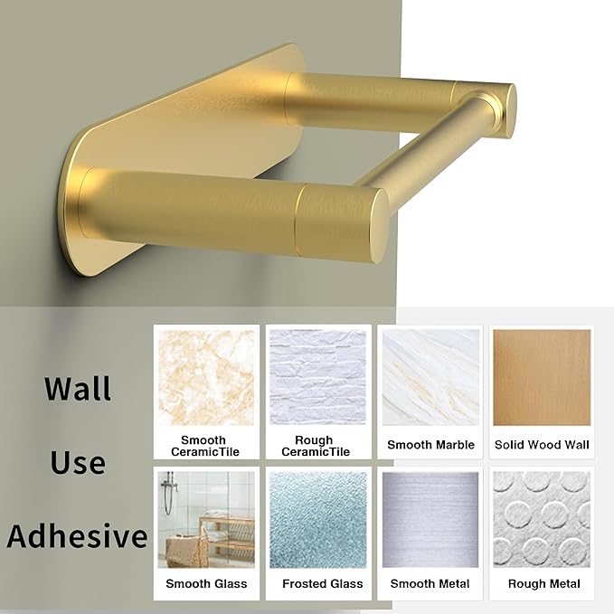 Adhesive Toilet Paper Holder Gold Double Post Pivoting Bathroom Toilet Tissue Holder Roll Holder Stick On No Drilling Stainless Steel and Zinc Alloy