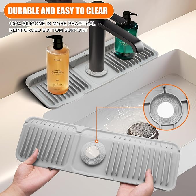 17.7" Gray Button Style Faucet Drip Catcher – Silicone Faucet Mat for Kitchen Sink, Leak-Proof Splash Guard with 6° Slope | Behind Faucet Draining Mat & Easy Gadgets for Bathroom & Kitchen Countertops