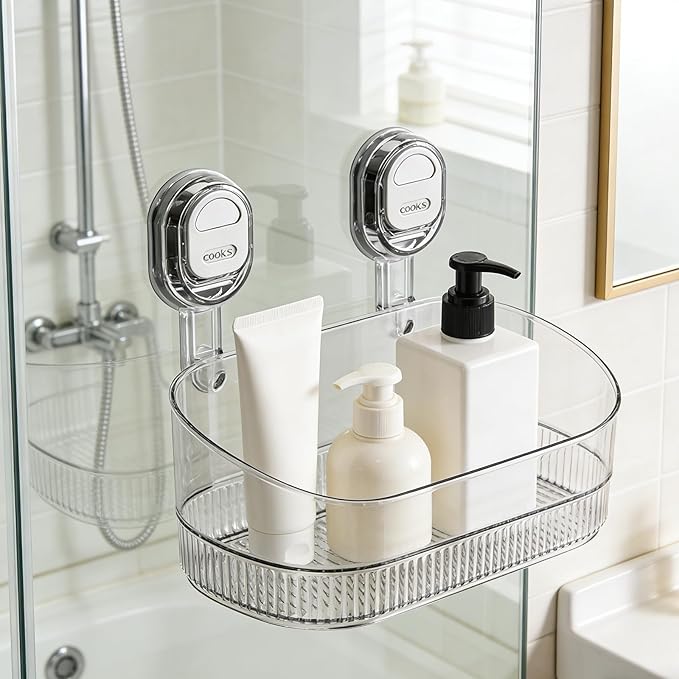 No-Drill Bathroom Suction Cup Storage Shelf - Waterproof Large Capacity Organizer Rack with Strong Suction & Easy Installation for Shower, Toilet, Vanity, Countertop (Clear)