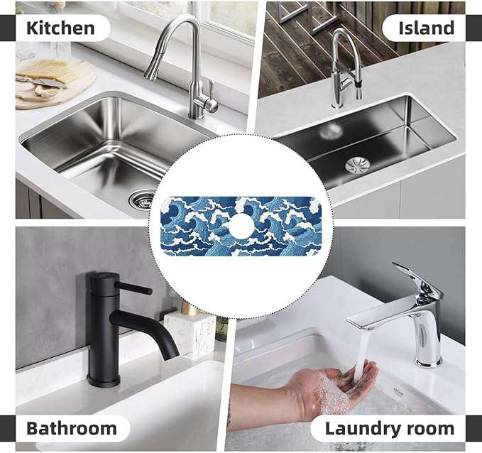 The Great Wave Off Kanagawa Japanese Blue White Kitchen Sink Splash Guard Faucet Mat 1 Pcs, Absorbent Fast Drying Mat Gadgets Splash Guard For Bathroom 15 X 5.5 Inches