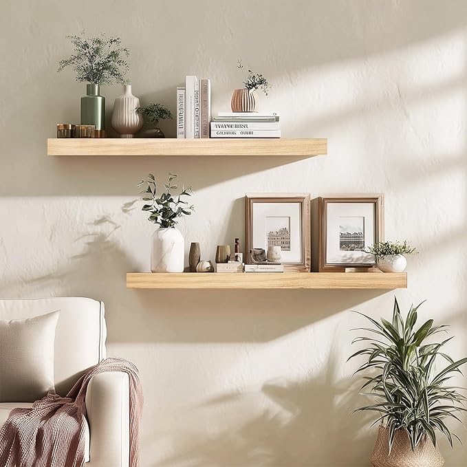 Floating Wall Shelves 30x6.8x1.7 Inch – Solid Wood Rustic Shelves in Natural Wood Finish – Wall Mounted Heavy Duty Display Shelf for Kitchen, Bedroom, Living Room – Set of 2