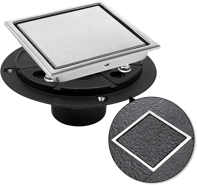 4 Inch Square Shower Drain with Flange, Removeable Grate SUS 304 Stainless Steel Shower Drain with Hair Catcher (Brushed Nickel-1, 4 Inch)
