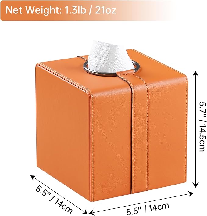 Square Tissue Box Cover, Luxury PU Leather Tissue Holder with Magnetic Closure (Orange)