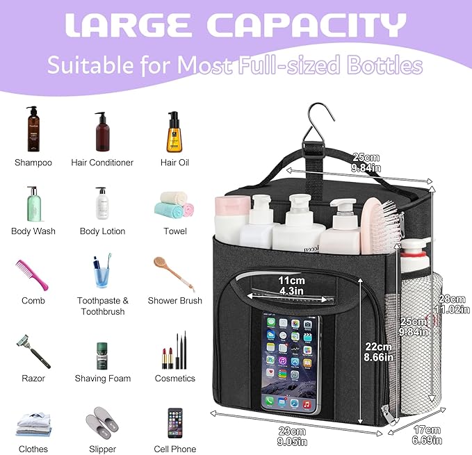 Attmu Mesh Shower Caddy Portable for Dorm College Essentials, Large Capacity Separate Compartment Hanging Toiletry Bag for College Student Camping Gym Travel Essentials (Black)