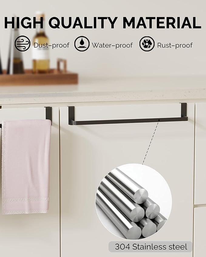 Over Cabinet Towel Rack, 2 Pack 14 Inch Over The Door Towel Bar Towel Hanger for Kitchen, Stainless Steel Over Cabinet Cupboard Kitchen Towel Holder, Foam Protective Mats(Black)