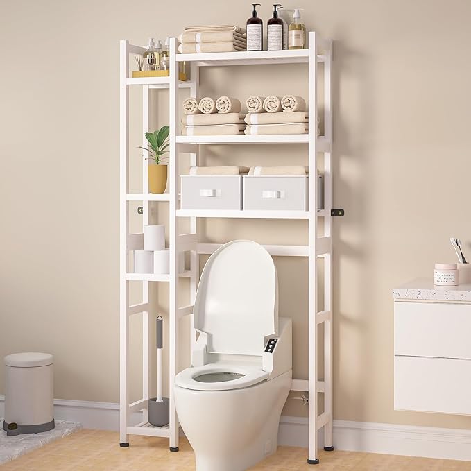 Homde Over The Toilet Storage with Basket and Drawer, Bamboo Bathroom Organizer with Adjustable Shelf & Waterproof Feet Pad, Space Saver Rack for Restroom, Laundry,White