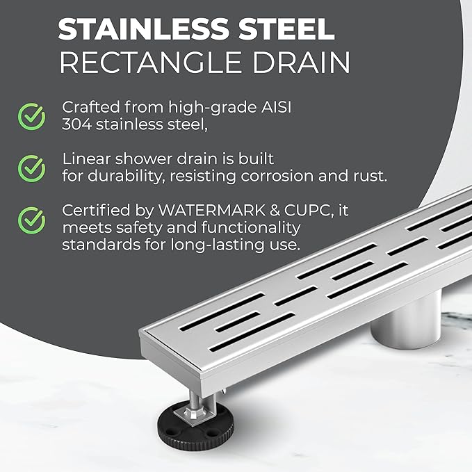 36 Inch Rectangular Linear Shower Drain Set with Brick Pattern Grate, 304 Stainless Steel Bathroom Floor Drain with Hair Catcher, Shower Floor Drain Includes Adjustable Leveling Feet