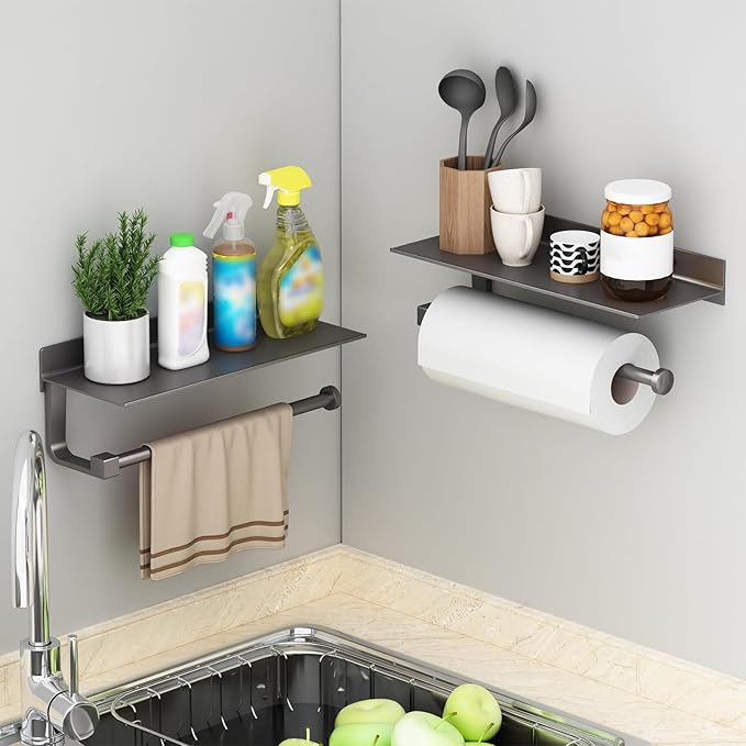 Danpoo Kitchen Paper Towel Holder with Shelf Wall Mount, Adhesive Hand Towel Holder for Bathroom, Matte Grey