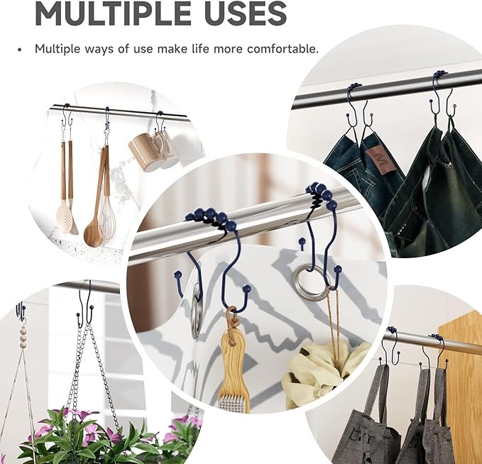 Shower Curtain Hooks, Shower Curtain Rings Rust Proof Navy Blue Double Hook Shower Curtain Hooks, 12 Pcs Shower Hooks for Shower Curtain, Shower Rings for Curtain, Metal Shower Rod Hooks