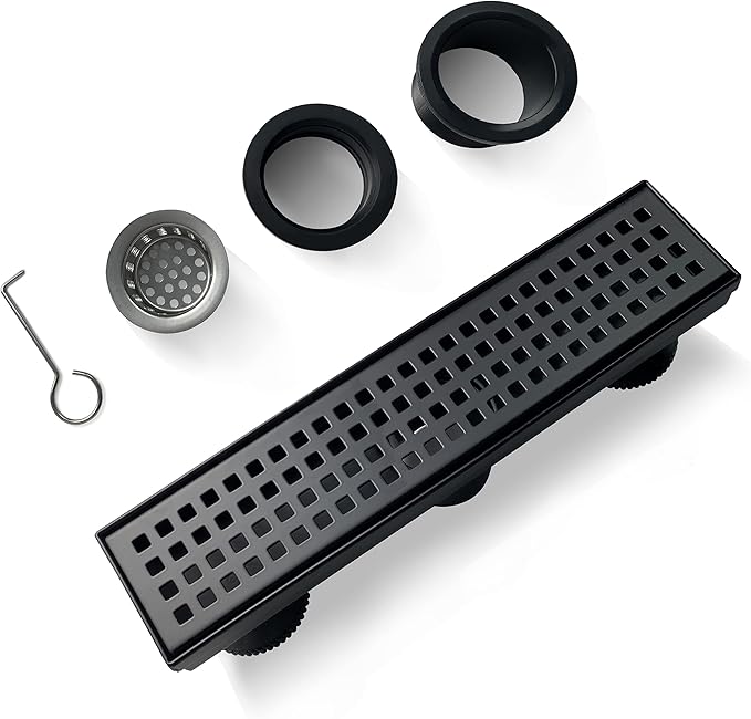 12 Inch Black Rectangular Shower Drain with Removable Quadrato Pattern Cover Grate Accessories and SUS304 Stainless Steel CUPC Certificate (12 inch)