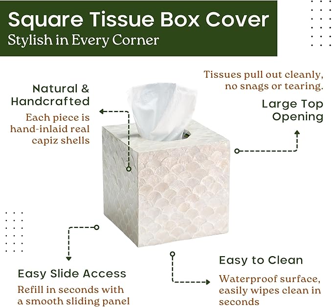 5.8” Capiz Tissue Box Cover, Square Decorative Tissue Holder with Bottom Slider, Handmade Bathroom Accessories, Elegant White Cube for Vanity, Bedroom, Office & Coastal Décor (Natural)