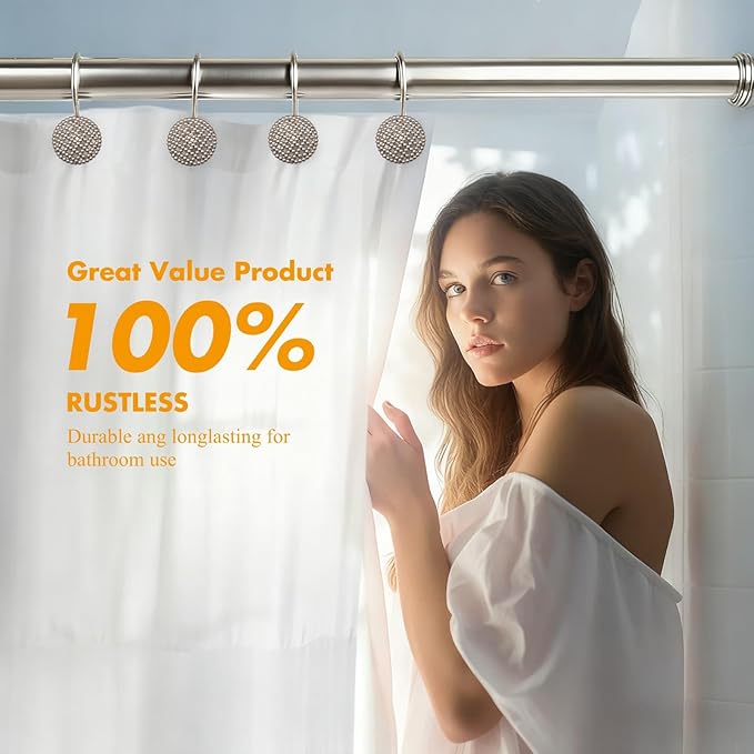 Pearlbee Nickel Shower Curtain Hooks, Rust Proof Shower Curtain Rings for Bathroom, Metal Shower Hooks for Shower Curtain Rod, Modern Decorative Shower Curtain Hangers Set of 12