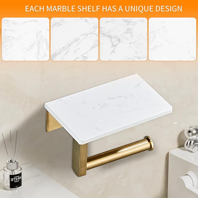 Brushed Gold Toilet Paper Holder with Shelf, 304 Stainless Steel Screw Wall Mounted, Marble Tissue Roll Holder with Storage
