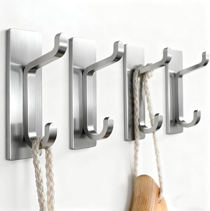 Self Adhesive Wall Hooks for Hanging: Extra Strong 13 LB, Hook for Coat, Towel in Bathrooms, Shower, Kitchen, Wall, Door Hook, Nickel Silver 4 Pack
