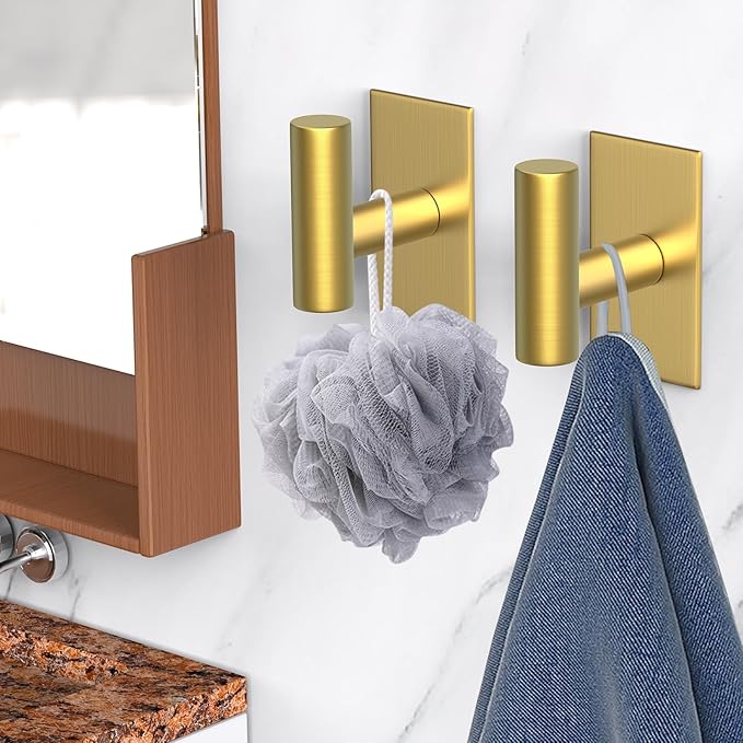 PMMASTO Adhesive Hooks, Matte Stainless Steel Sticky Hooks for Hanging, Self Adhesive Shower Wall Hooks, Towel Hooks Heavy Duty for Bathroom, Bedroom RV and Kitchen (Gold “T ”Shape 4PC-S)