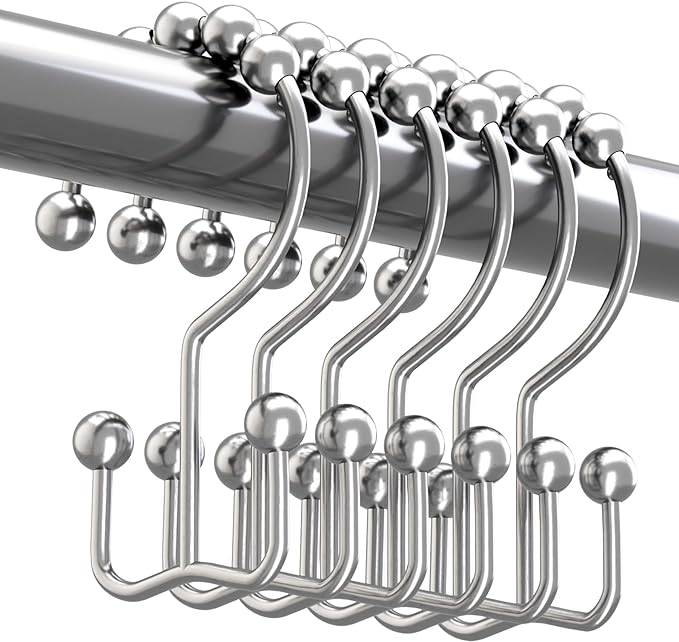 Titanker Shower Curtain Hooks Rings, Rust-Resistant Metal Double Glide Shower Hooks for Bathroom Shower Rods Curtains, Set of 12 Hooks - Chrome