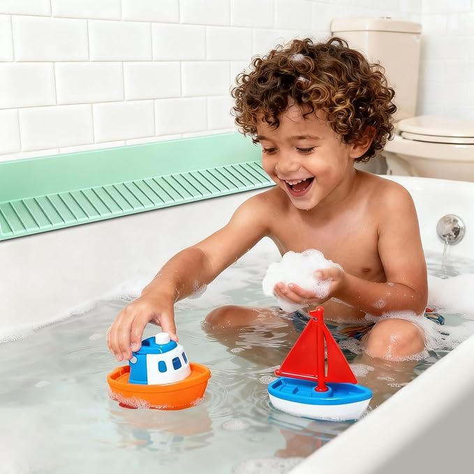 Bathtub Splash Guard for Tub Kids, Longer Silicone Water Splash Guard for Bathtub, Toy Holder Play Shelf for Bathtime，Silicone Tub Splash Guard Prevent Water Spills in Bathroom (Green)