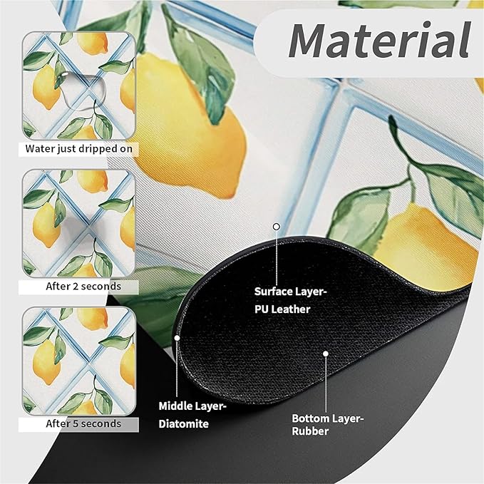 Kitchen Sink Splash Guard，Tiles and lemons Faucet Mat Sink Gadgets-Super Absorbent Fast Drying Mat Drip Catcher for Kitchen, Bathroom,Sink Mat, Dish Drying Mat, Bathroom(15" X 5.5" )