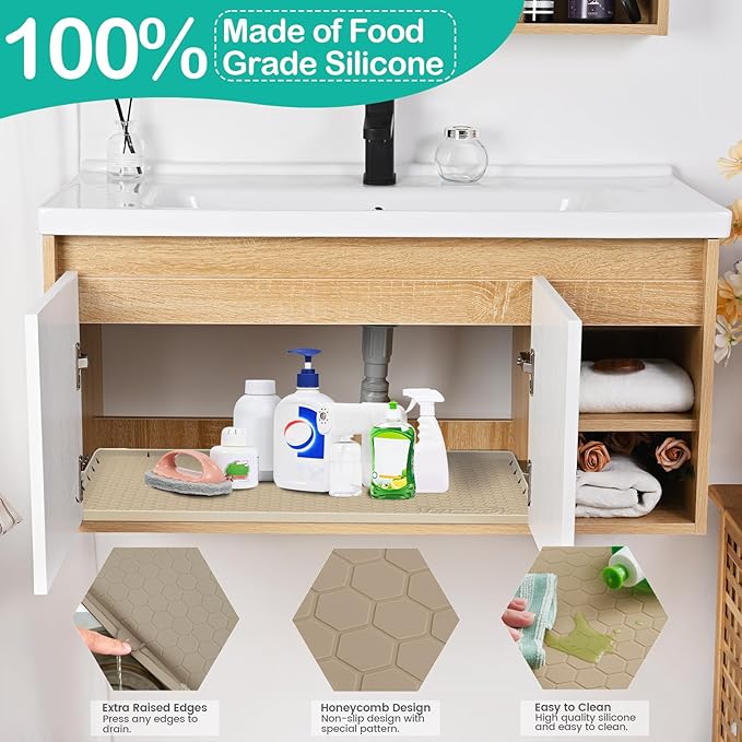 Waterproof Under Sink Mat 28" x 22", Silicone Cabinet Liner, Rubber Protector for Kitchen and Bathroom, Keeps Cabinets Clean, Dry, and Organized (Beige)