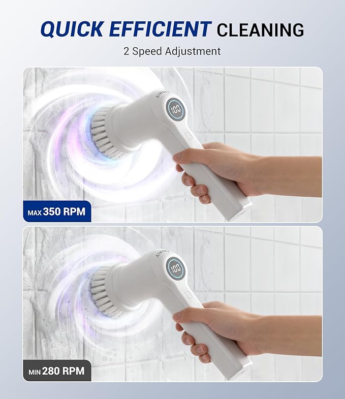 AIRSEE Cordless Electric Spin Scrubber, Handheld Power Shower Cleaner Brush, 2 speeds, 6 Replaceable Brush Heads for Cleaning Floor, Window, Bathroom, Kitchen, for Elderly & Busy Family