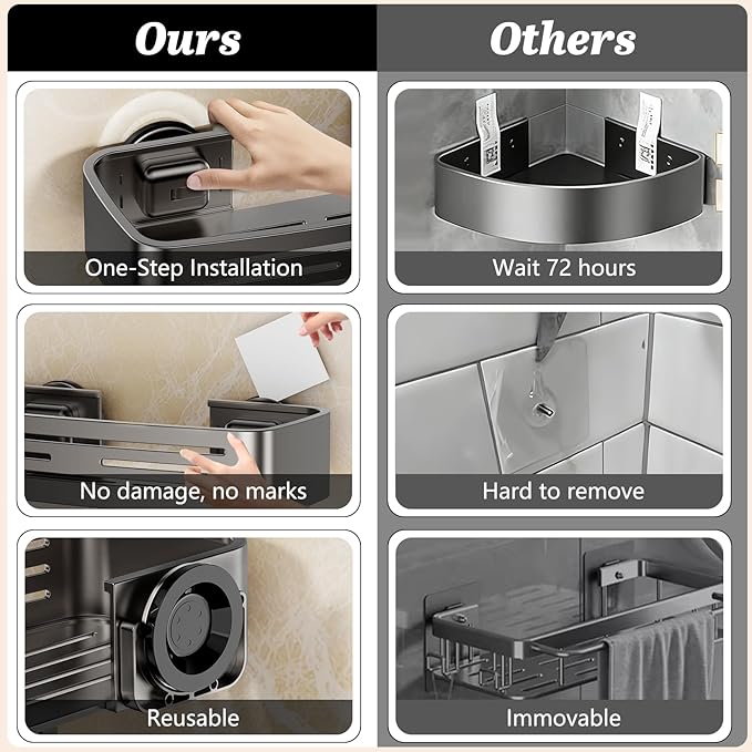 Shower Caddy Suction Cup, 2 Pack No Drilling Square Shower Shelves Aluminum Removable Bathroom Suction Showers Organizer Storage Rack with Towel Bar & Hooks(Gray)