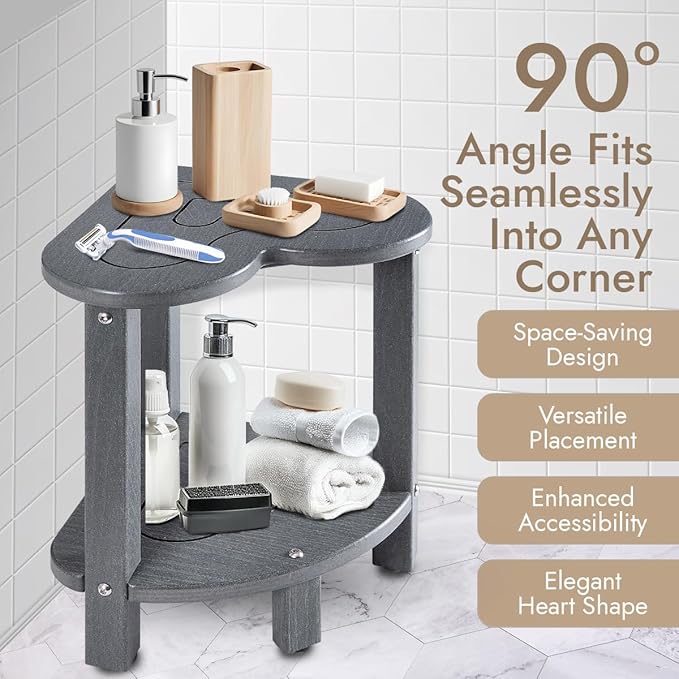 UHA Corner Shower Stool for Inside Shower - Waterproof Corner Shower Bench, HDPE Plastic Bathroom Bench, Adjustable Height Corner Chair for Shaving Legs,Storage Shelf,Non-Slip Feet， Gray