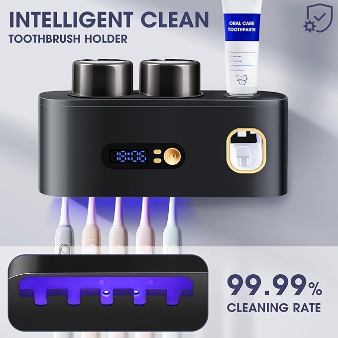 Toothbrush Holders Cleaner & Dryer for Bathroom,LXIANGN Smart Wall Mounted Toothbrush Holders with Countdown LED Screen,5 Toothbrush Slots,2 Cups and Toothpaste Dispenser (Grey)