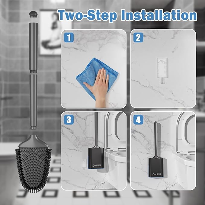 Toilet Brush and Holder Set - Flexible Silicone Toilet Bowl Scrubber Brush, Compact Bathroom Brush with Ventilation Base, Black