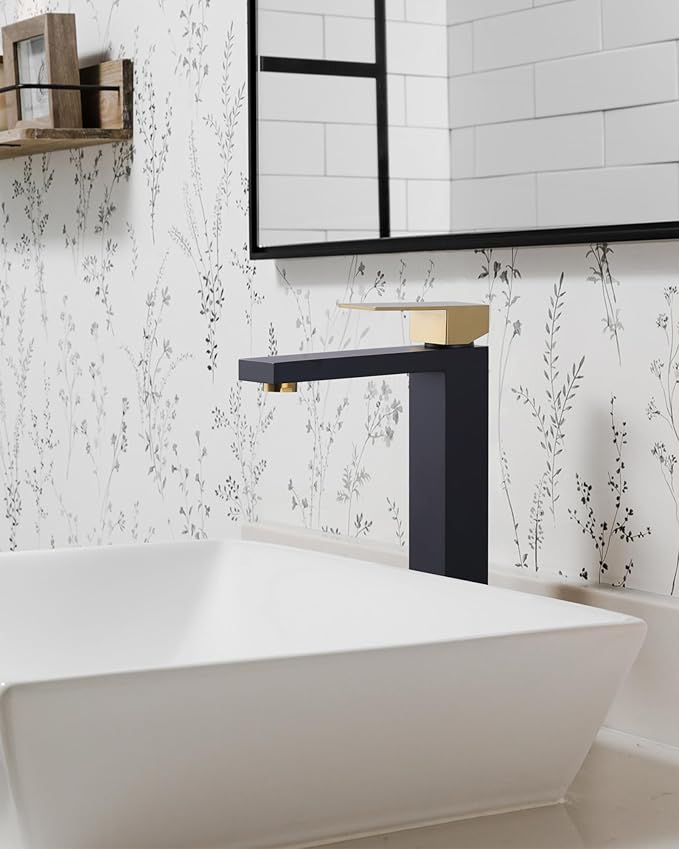 ARCORA Vessel Sink Faucet Black and Gold, Single Handle Tall Bathroom Faucet, Single Hole Lavatory Vanity Mixer Tap with Pop Up Drain and Faucet Supply Lines