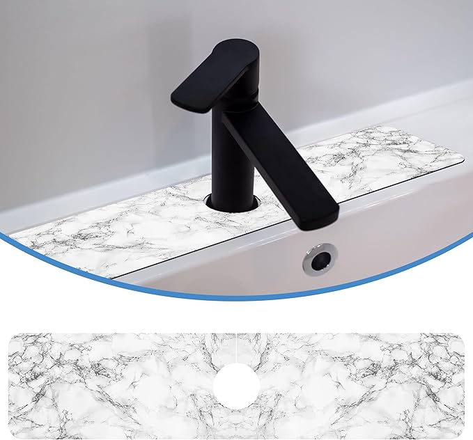 Faucet Mat for Kitchen Sink White Marble Texture, Soft Diatom Mud Material, Strong Water Absorption, Non-slip, Easy to Clean for Bathroom, Kitchen 23.5"X5.5"