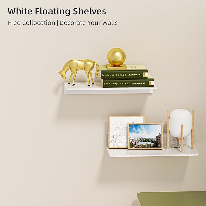 White Metal Floating Shelf 2-Piece Set, Adhesive Wall Shelves in Thickened Aluminium Wall Mounted Shower Caddy, Ideal for Display & Storage in Living Room, Bedroom, Bathroom (11.7")
