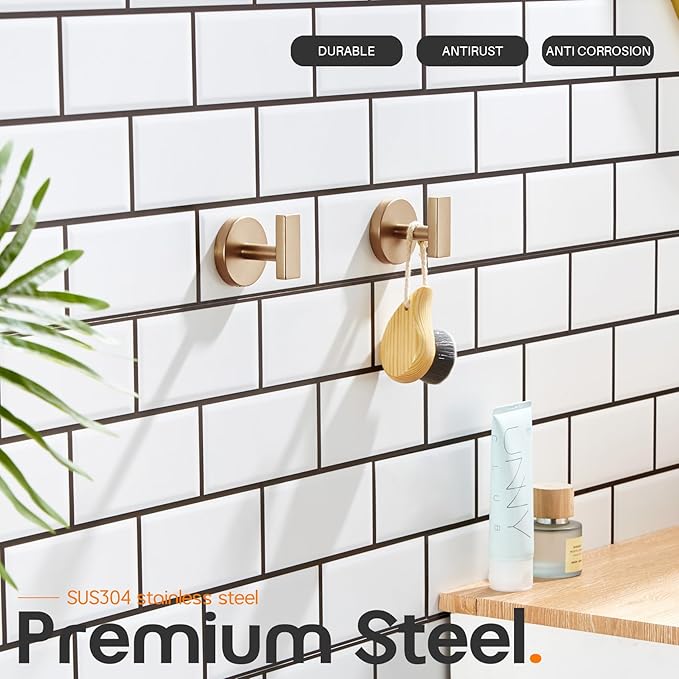 Bath Towel Hooks Wall Mount Robe Hook Stainless Steel Wall Hooks for Bathroom Kitchen Garage Door Hanger Champagne Bronze 2 Pack, AN1001CPG-P2