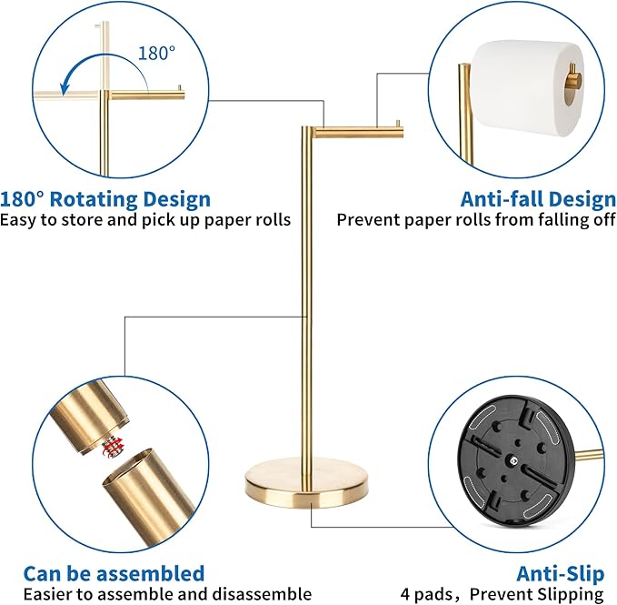 Brushed Gold Toilet Paper Holder Stand 1 pc, Free Standing Toilet Paper Holder Stand,Bathroom Toilet Paper Storage with 2.7 Pounds Heavy Base for 4+1 Rolls,Toilet Tissue Holder