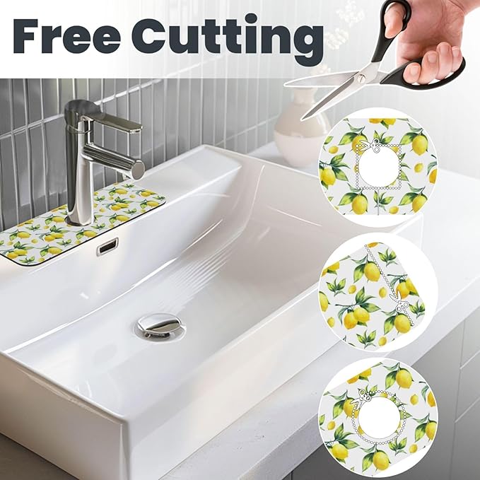 Yellow Lemon Green Leaves Kitchen Sink Splash Guard Faucet Mat Super Absorbent Fast Drying Mat Sink Gadgets-Fast Drying Pad Sink Mat For Kitchen Bathroom (15" X 5.5" )