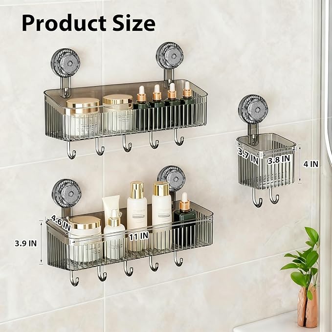 3 Pack Suction Cup Shower Caddy, Black Shower Shelves No Drilling with Movable Hooks & Toothbrush Holder, Wall Storage Shelves for Bathroom, Kitchen